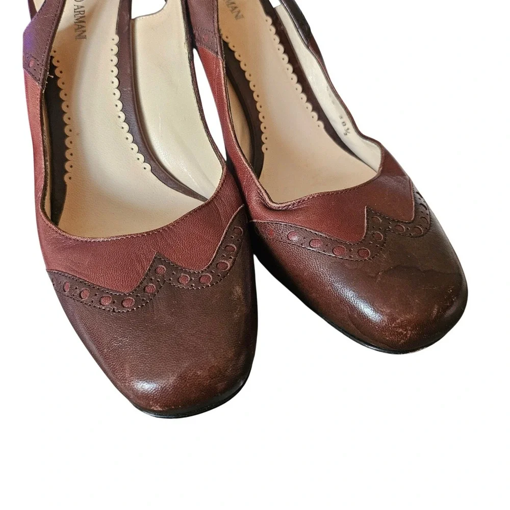 Giorgio Armani Vintage Slingback Heels Brown 38.5 US 8.5 Leather Wingtip Brogue